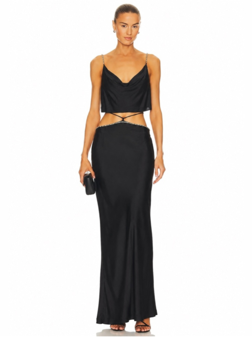 MESHKI Black Rhinestone Trim Two Piece Maxi Set Medium top skirt